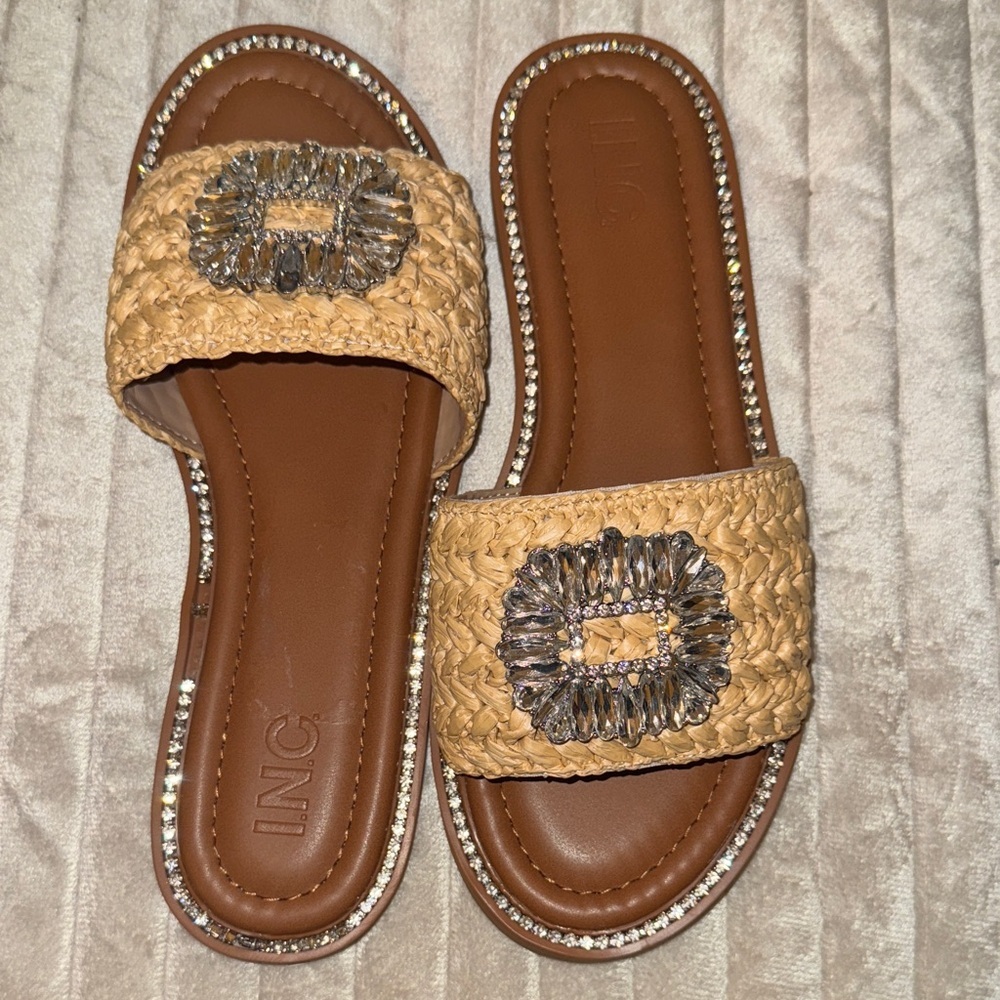 INC International Concepts Tan Woven Slide Sandals with Rhinestones - Picture 8 of 16